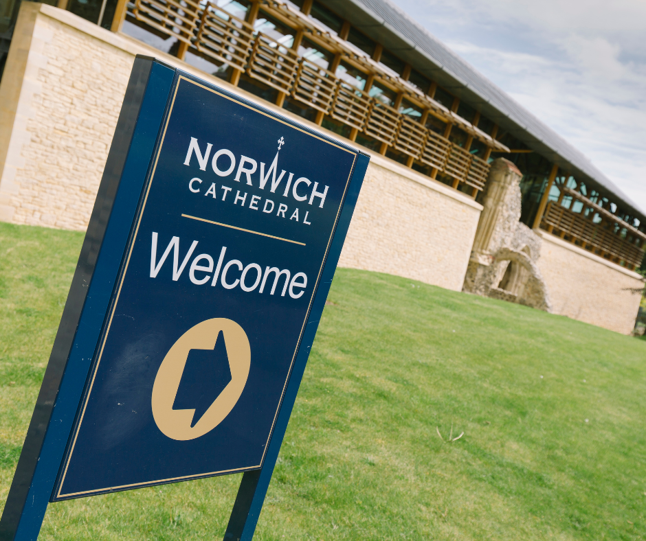 Entrance sign for Norwich Cathedral, in Norfolk.