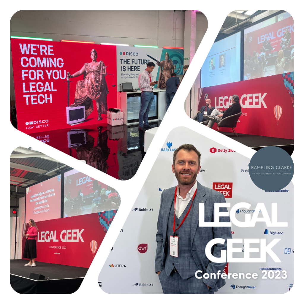 Arron Rampling attending Legal Geek Conference in London 2023. Image is a collage of various speakers and stalls discussing AI technology.