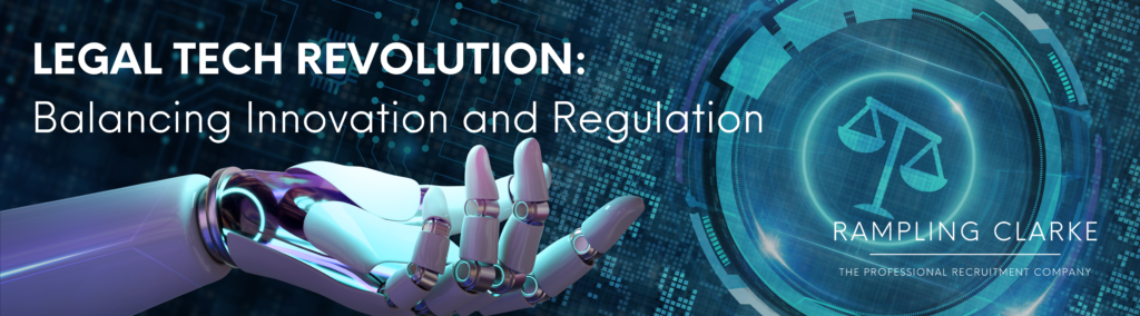 Image of an AI arm reaching towards the scales of justice. Text reads: Legal Tech Revolution: Balancing Innovation and Regulation